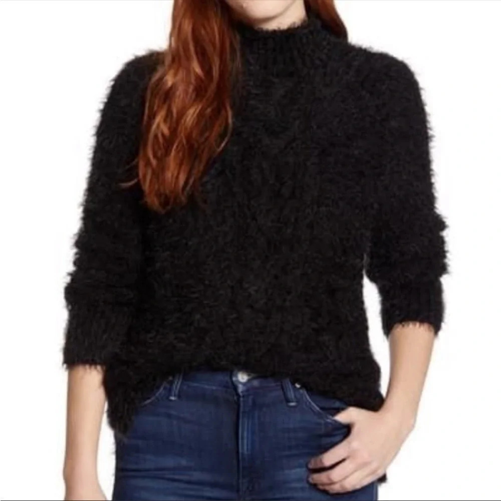 CASLON BLACK MOCK NECK FUZZY SWEATER